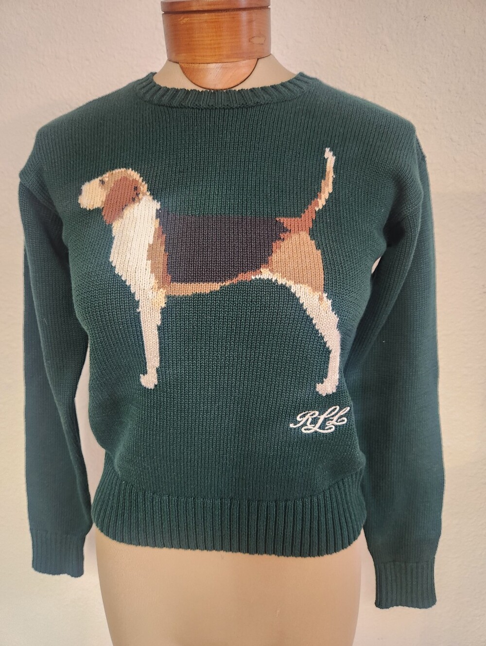 NWT Lauren Ralph Lauren Intarsia-knit Dog Embroidered Sweater Beagle Green XS